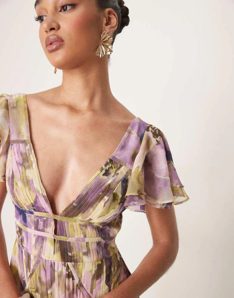 ASOS ASOS DESIGN flutter sleeve ruched maxi dress with hi low hem in blurred floral 2
