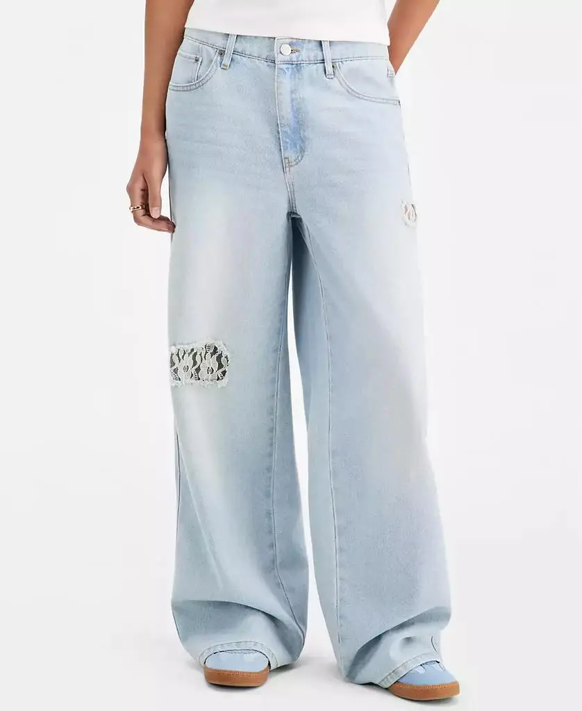 Vanilla Star Juniors' Lace-Trim Destructed Elastic-Back Jeans 5