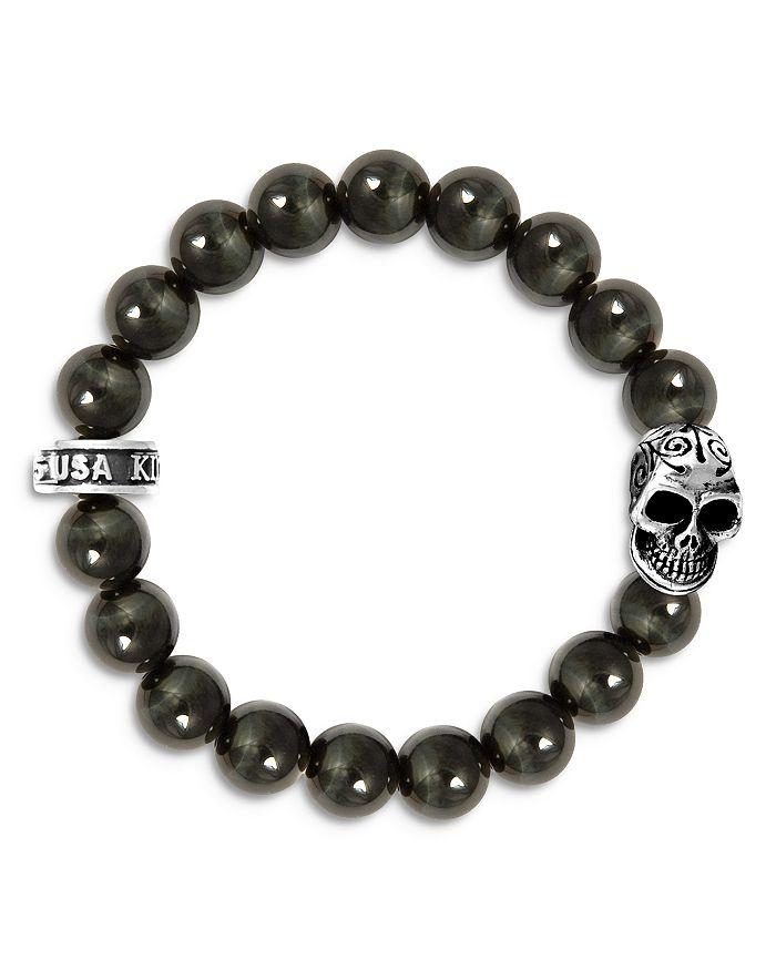 King Baby Blue Tiger Eye Bead Bracelet with Day of the Dead Skull
