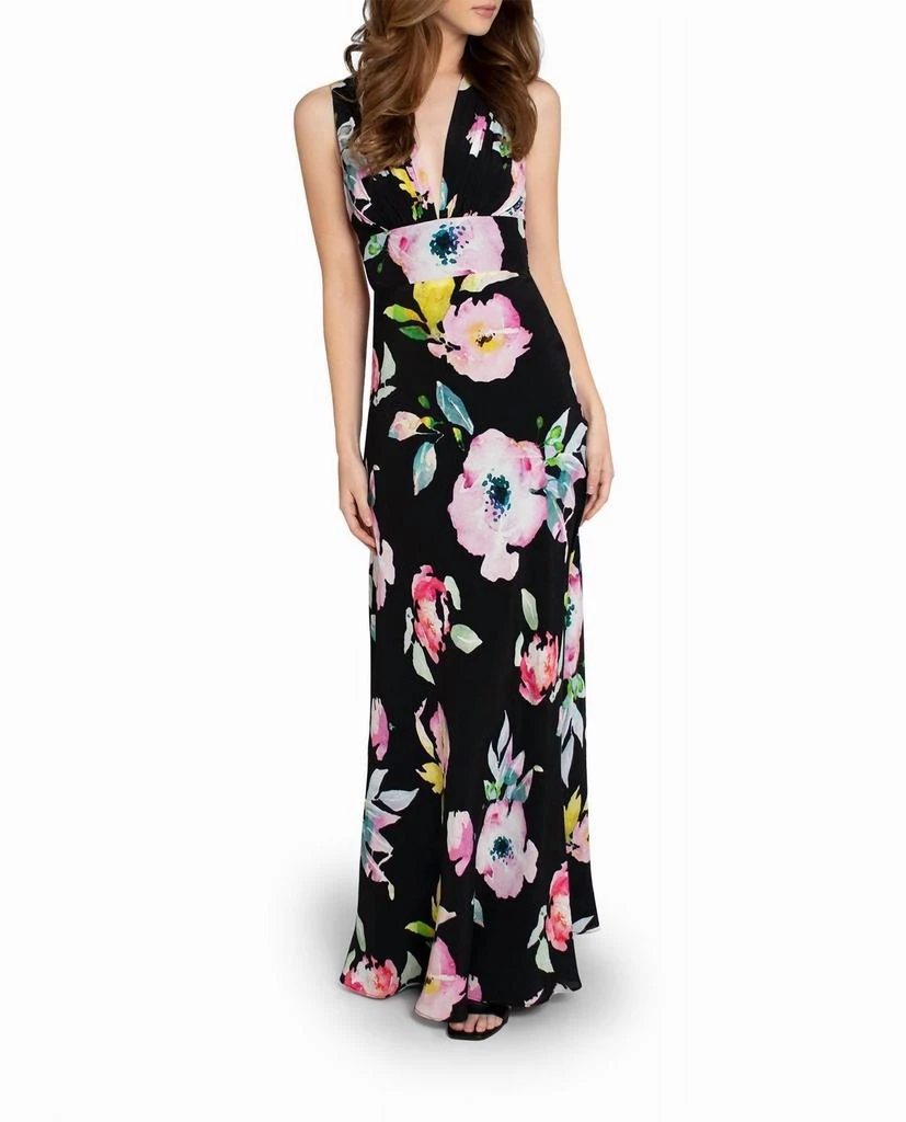 Nicole Miller La Fleur Silk Plunge Open Back Gown black/multicolor / M Nicole Miller La Fleur Silk Plunge Open Back Gown black/multicolor / M