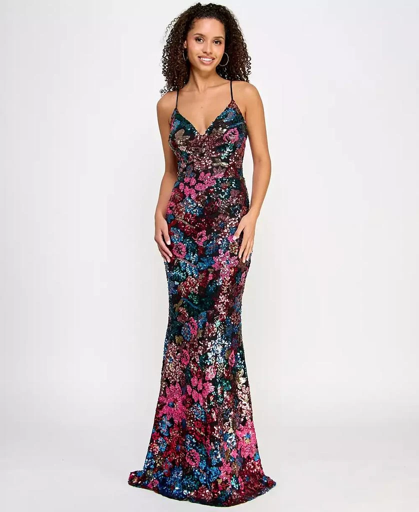 Crystal Doll Juniors' V-Neck Floral-Sequin Lace-Up-Back Gown 1