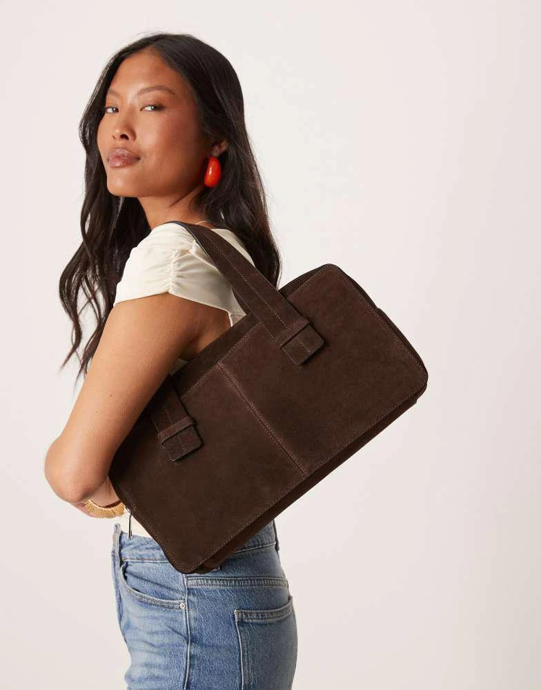 ASOS ASOS DESGN slim suede bowler bag in chocolate 1