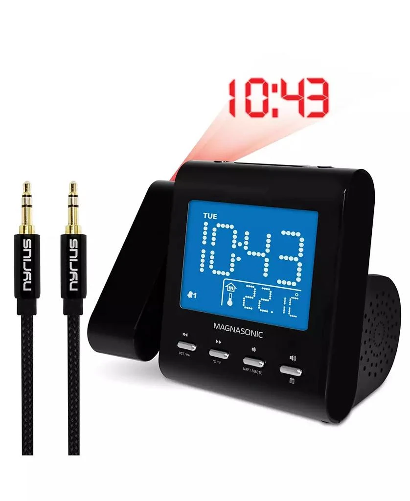 Magnasonic Projection Alarm Clock – AM/FM Radio, Auto Time Set, Dual Alarm, Temp/Date Display, Battery Backup, Bonus Aux Cable