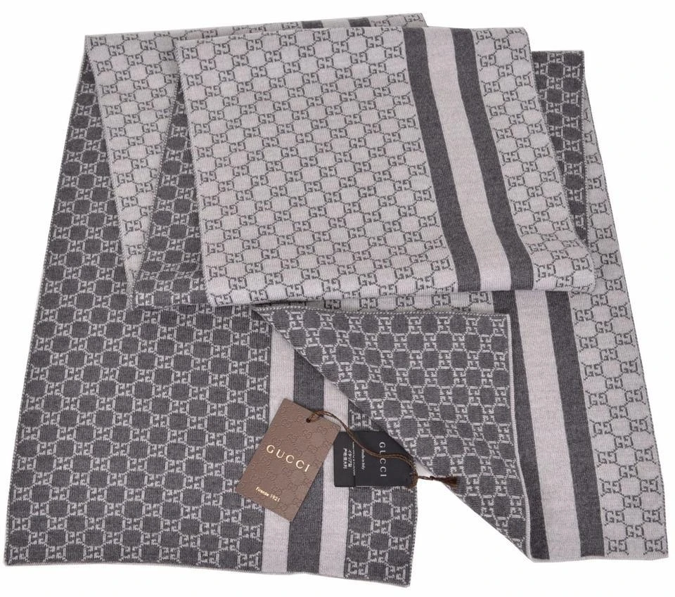 Gucci Gucci - Grey/Black GG Monogram Web Stripe Wool Scarf 2