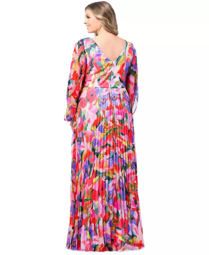 Betsy & Adam Plus Size Printed Pleated Long-Sleeve Gown