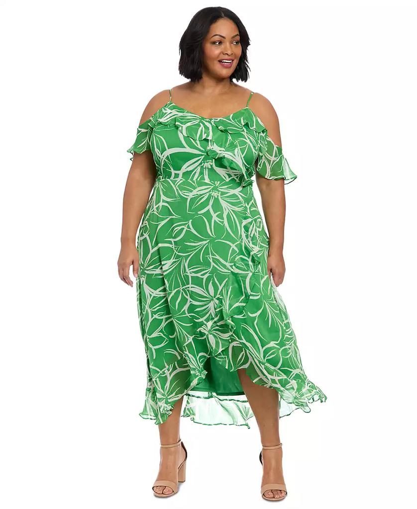 London Times Plus Size Printed Cold-Shoulder Ruffle Dress