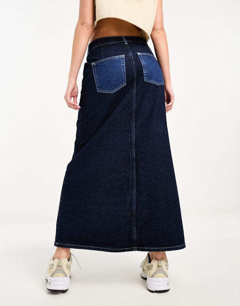 River Island River Island patchwork denim maxi skirt in dark blue