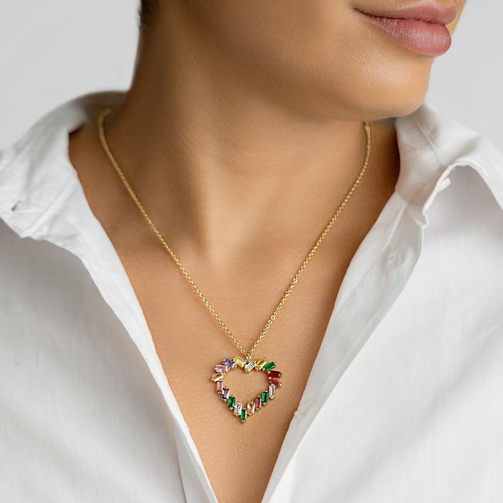 ADORNIA Tarnish Resistant 14K Gold Plated Crystal Rainbow Baguette Heart Pendant Necklace