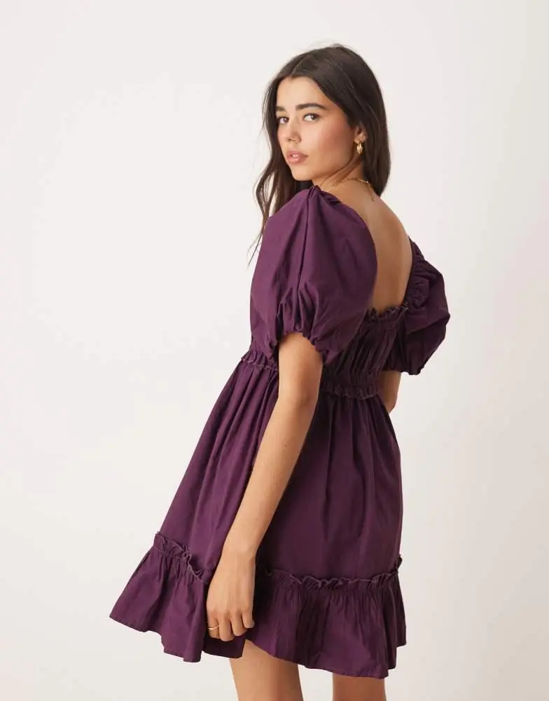 Miss Selfridge Miss Selfridge puff sleeve mini dress in plum 3