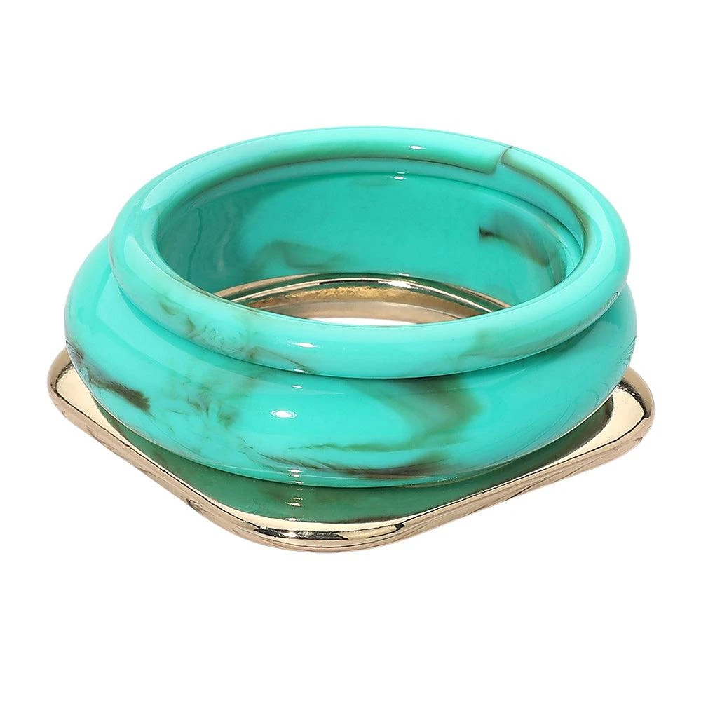 FASHNZFAB 3PCS - Bold Modern Mixed Shape Resin Flat Square Metal Bangle Multi Layered Bracelets 2