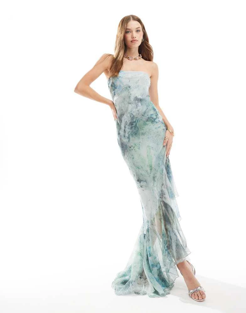 ASOS ASOS DESIGN bandeau maxi dress with asymmetric ruffle hem in marble print 4