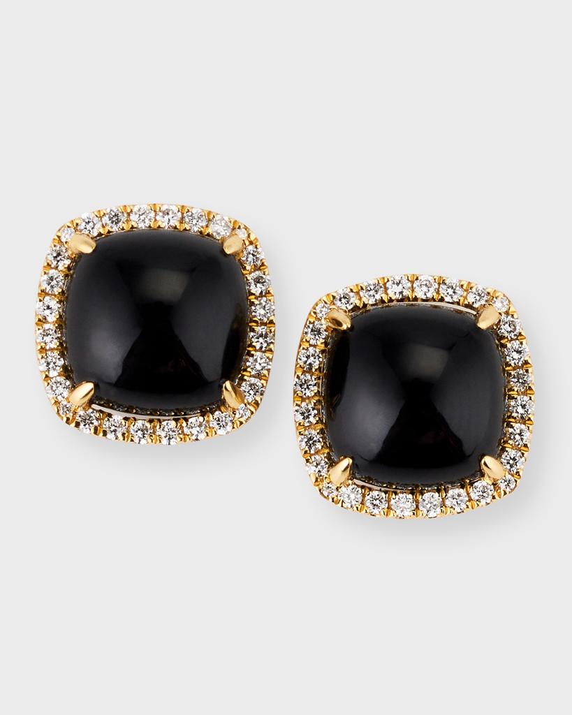 Frederic Sage 18K Yellow Gold Cushion Cabochon Black Onyx Earrings with Diamond Halos