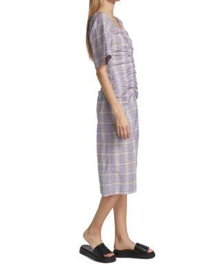 Ganni Seersucker Check V-Neck Midi-Dress 3