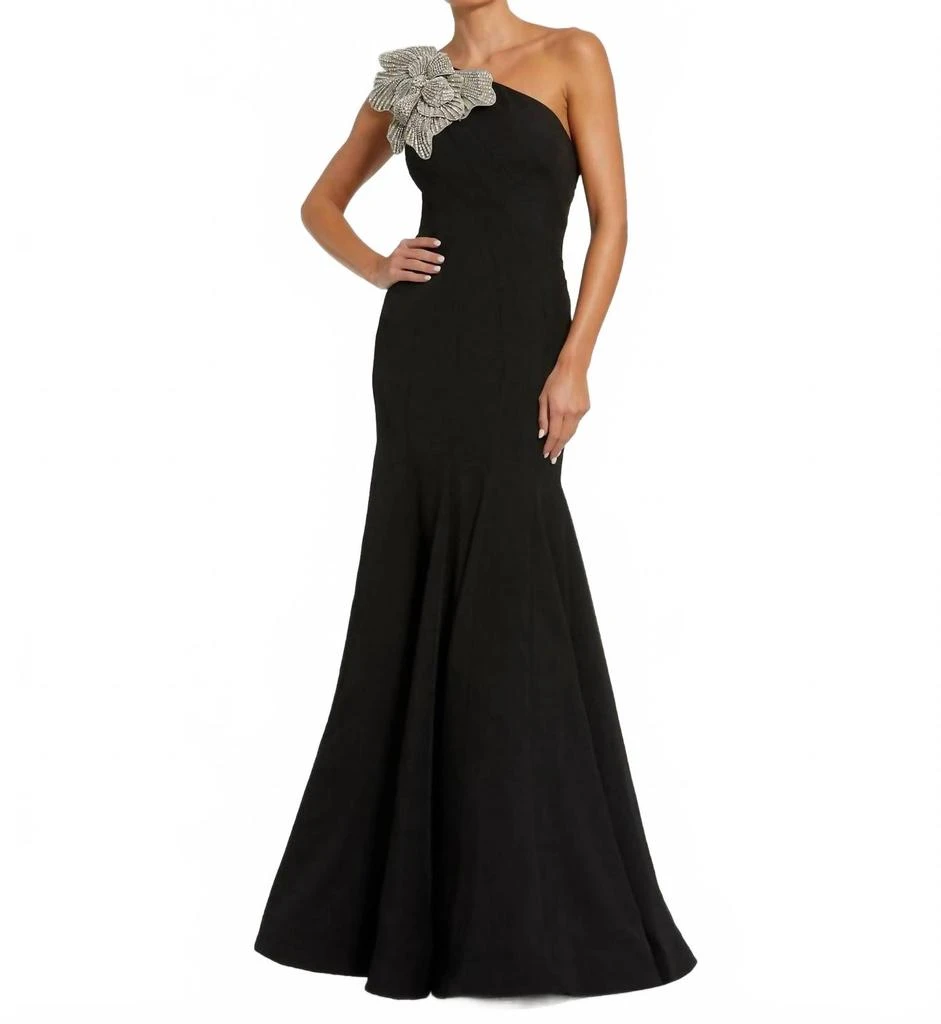 Mac Duggal Crepe One Shoulder Gown With Crystal Flower In Black 1