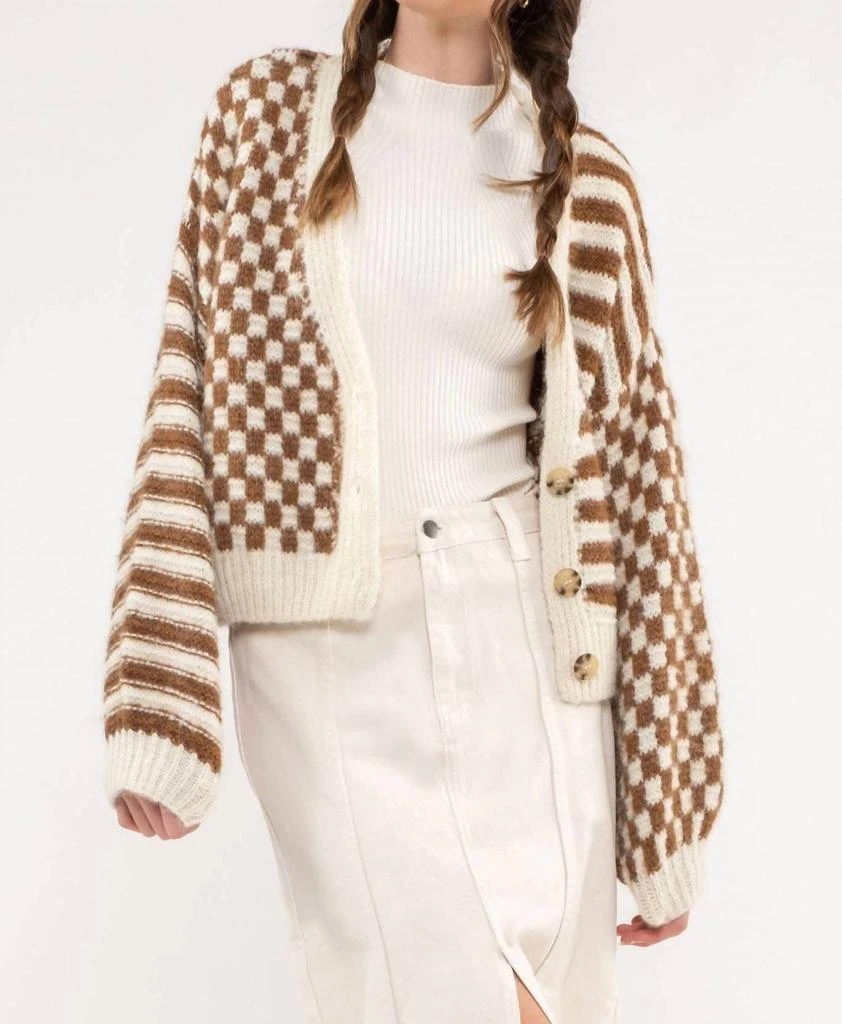 Blu Pepper Stripe And Checkered Drop Shoulder Knit Cardigan In Brown 1