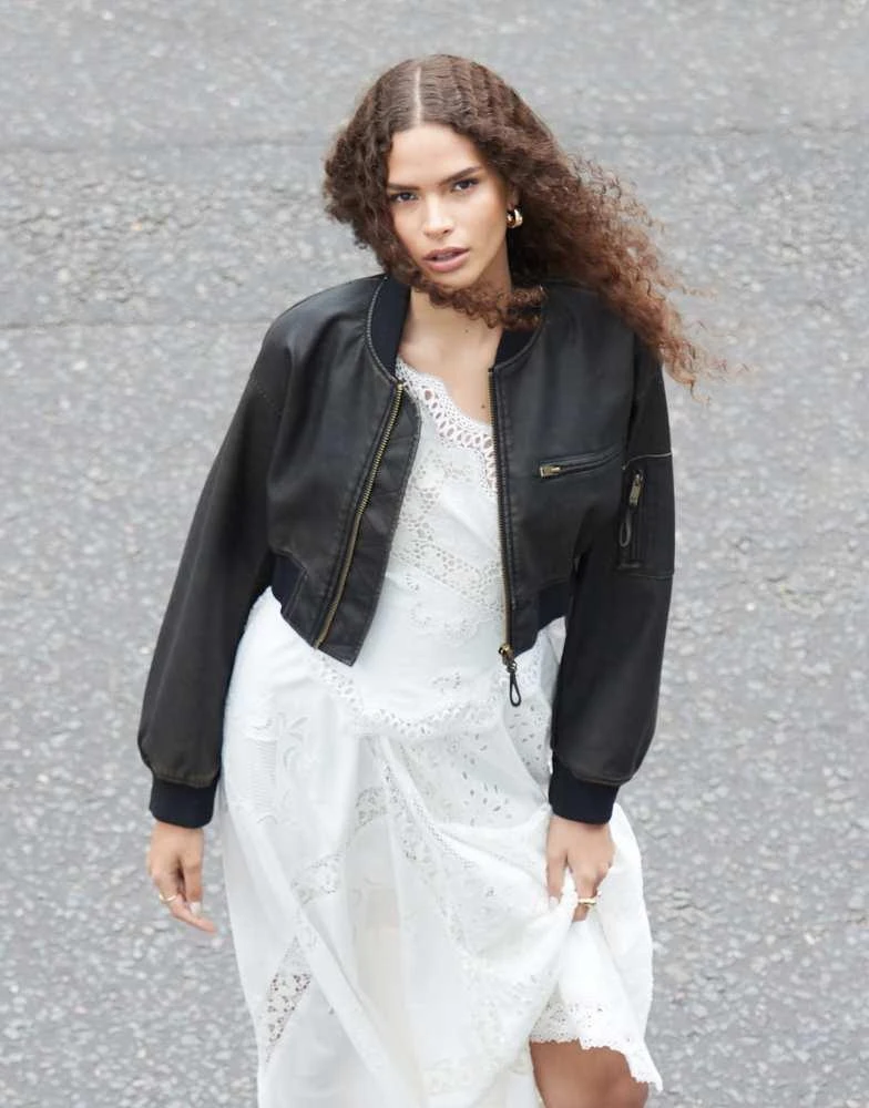 ASOS ASOS DESIGN washed cropped leather look bomber jacket in black 1