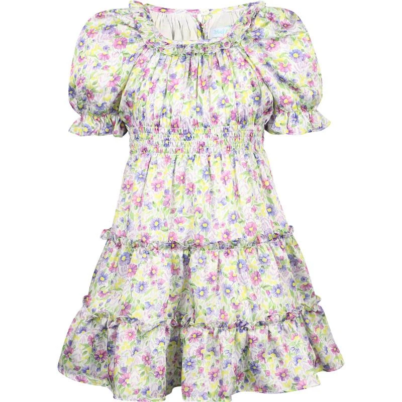 Abel & Lula Colorful flowers all over ruffled detailing dress in white 1