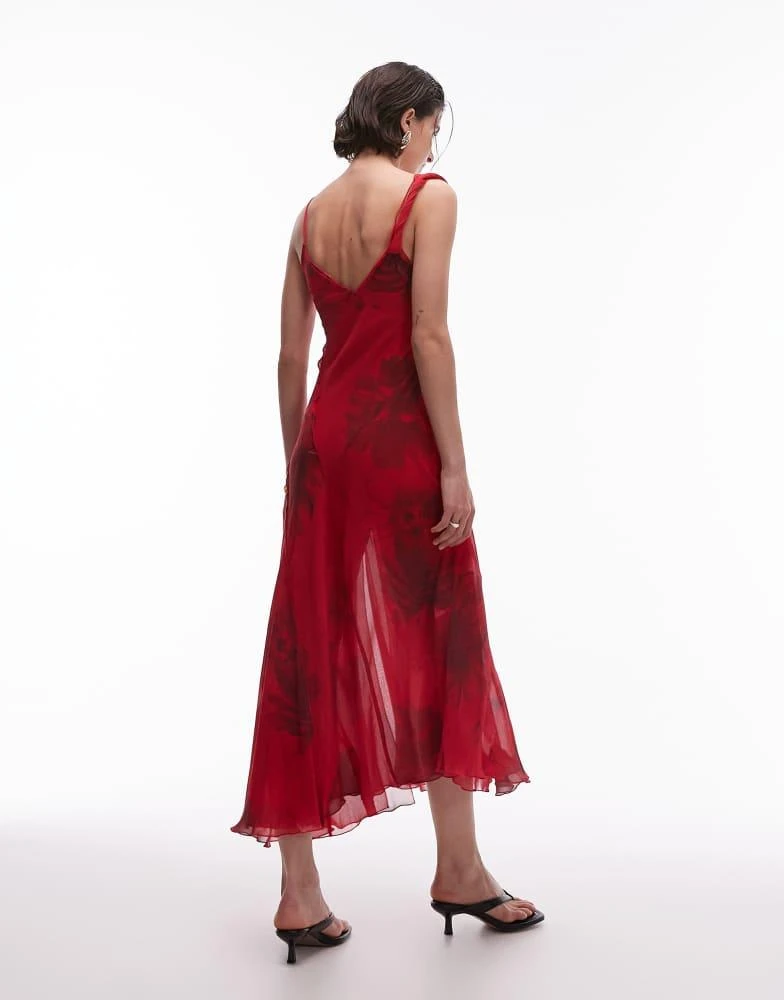 Mango Mango one shoulder midi dress in blurred red floral print 4
