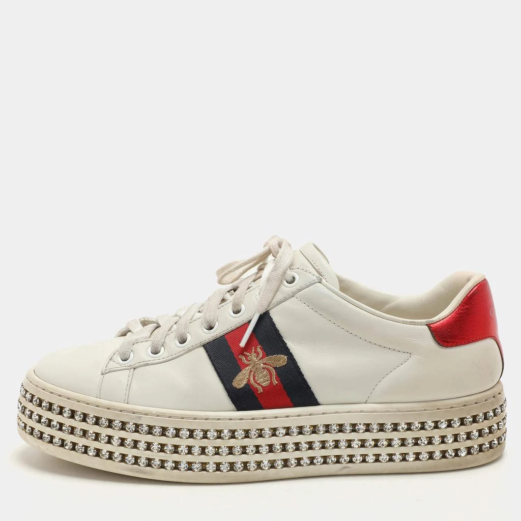Gucci Gucci White Leather And Bee Web Detail New Ace Crystal Embellished Platform Sneakers Size 37 1