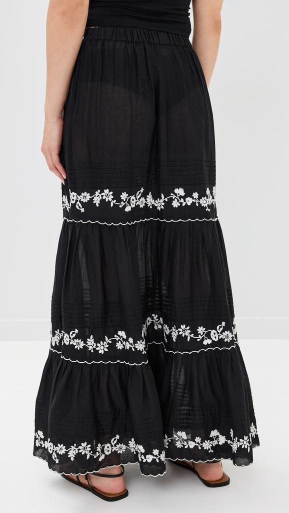 Farm Rio Black Embroidered Ruffled Maxi Skirt