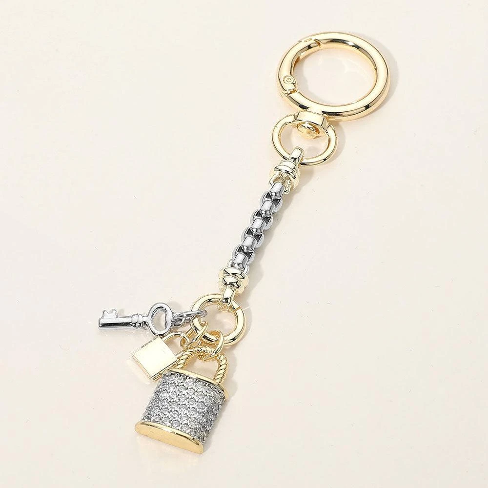 FASHNZFAB 14K Gold Plated CZ Stone Paved Lock Key Charm Drop Keychain Bag Charm