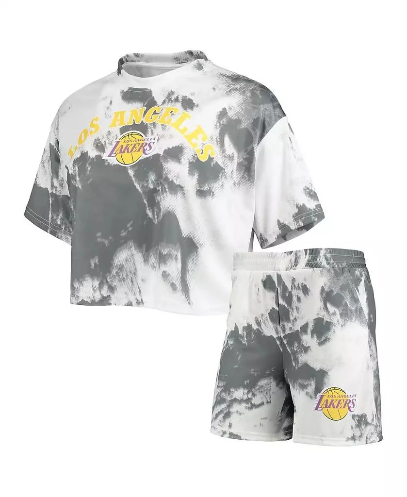 NBA Exclusive Collection Women's White, Black Los Angeles Lakers Tie-Dye Crop Top and Shorts Set 1