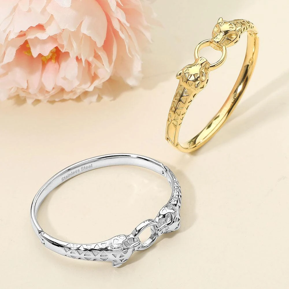 FASHNZFAB Stainless Steel Leopard Head Link Hinged Bangle Bracelet 4