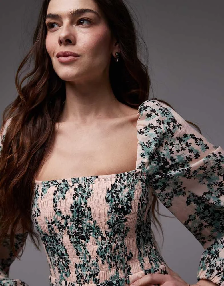 & Other Stories square neck mini dress with shirred bodice and peep cut out  back in floral print  On Sale Now with Up to 54% Off | Discover Exclusive  Deals &