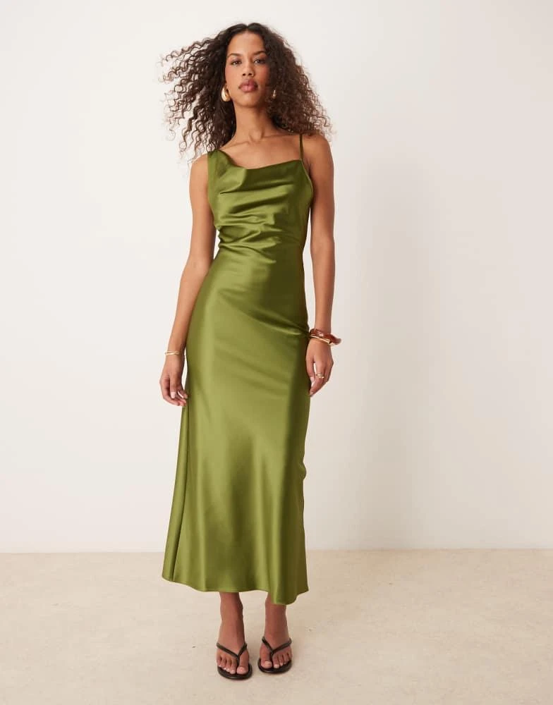Miss Selfridge Miss Selfridge cowl neck satin midi slip dress in olive green 1