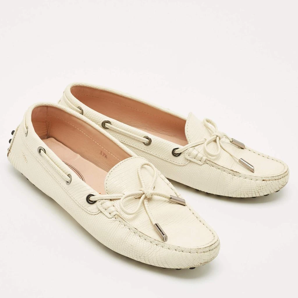 Tod
s Tod
s Cream Lizard Embossed Leather Bow Slip On Loafers Size 37.5 4