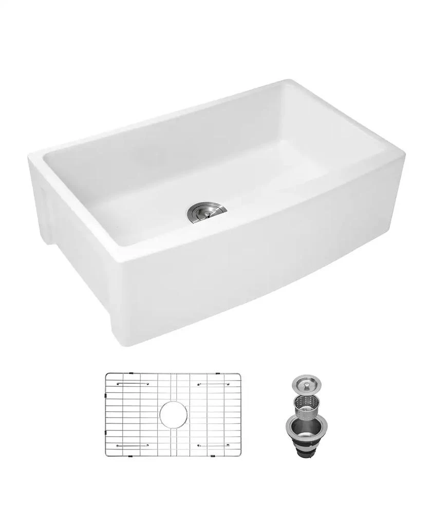 Flynama 30x21x10 Inch White Farmhouse Kitchen Sink Ceramic Porcelain Arch Edge Apron Front Single Bowl With Drain Assembly Dish Grid 6
