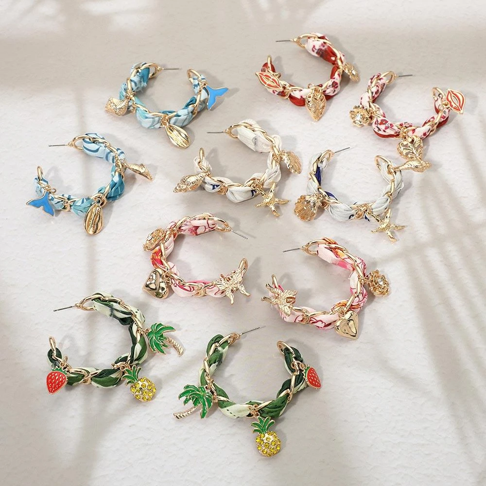 FASHNZFAB Shell Whale Tale Charm Fabric Scarf Hoop Earrings 3