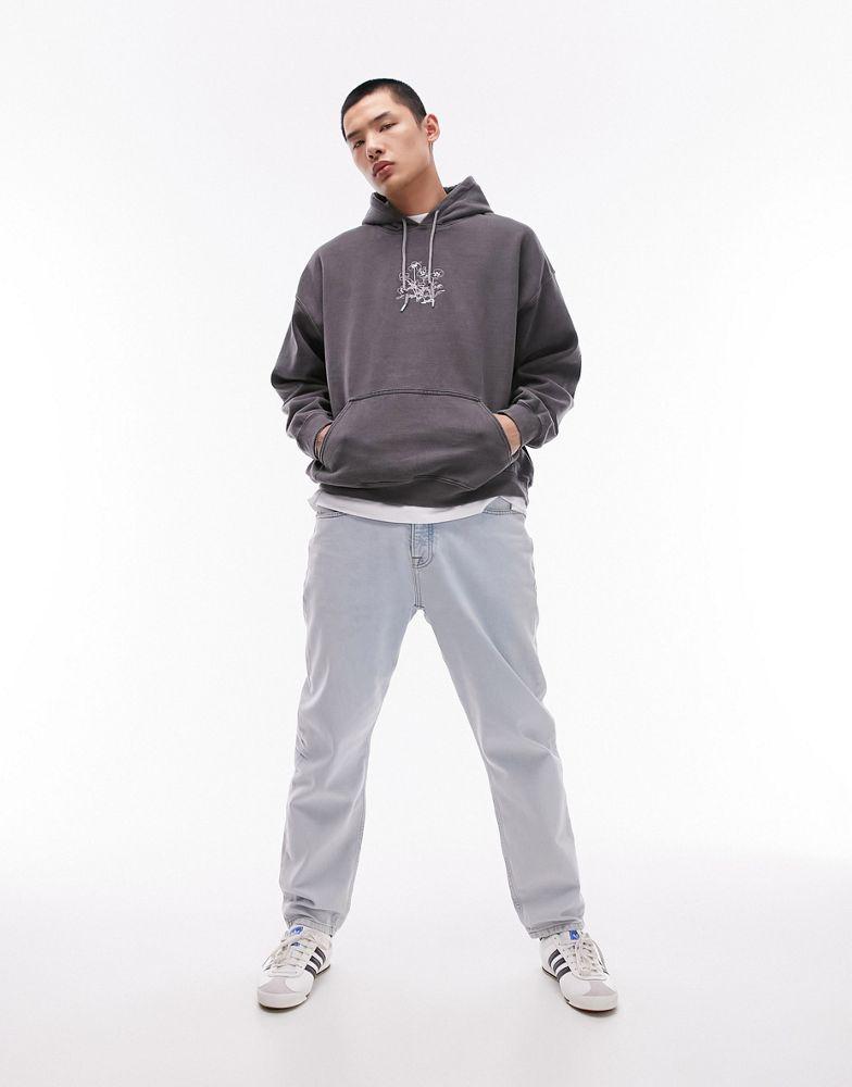 Topman Topman oversized hoodie with pansy chest embroidery in washed black