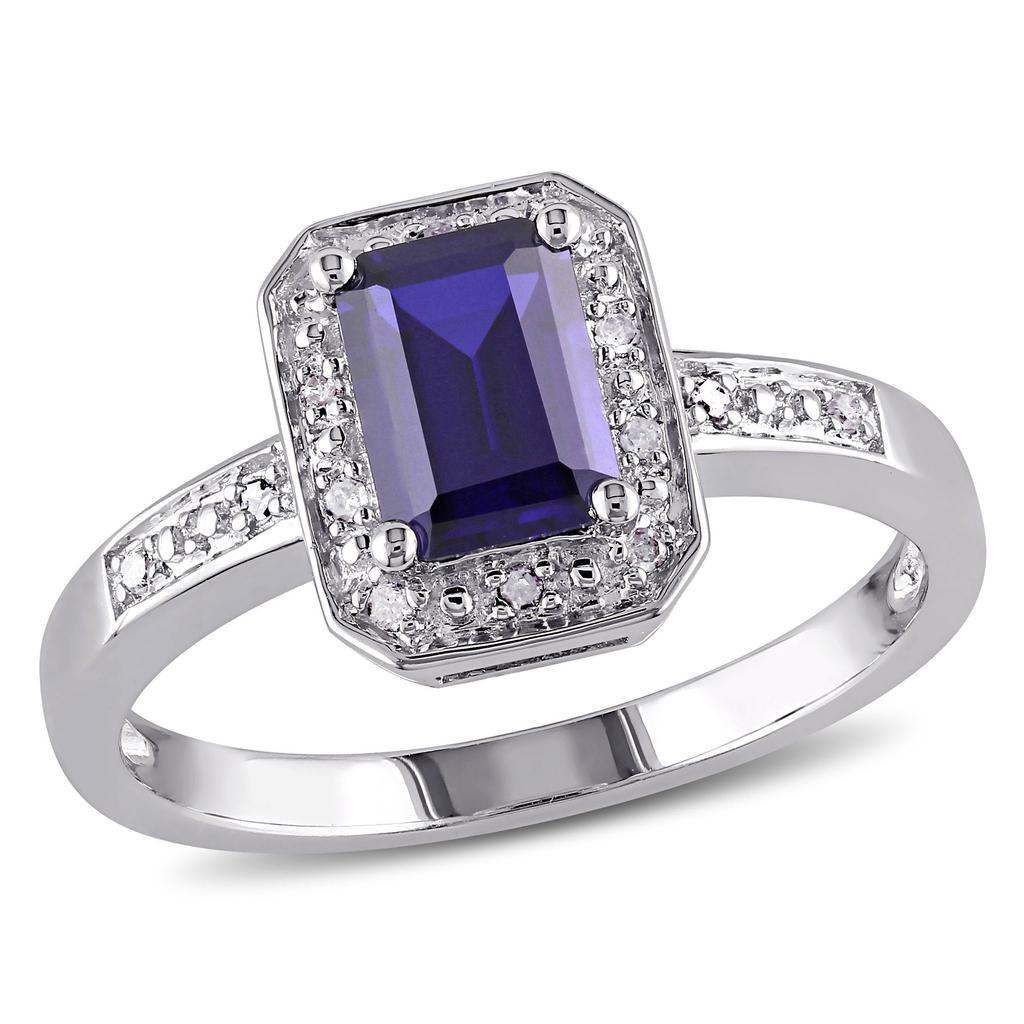 Mimi & Max Mimi & Max 1 3/5ct TGW Emerald Cut Created Blue Sapphire and Diamond Accent Ring in Sterling Silver