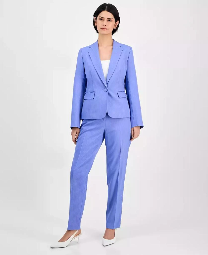 Le Suit Women
s Pinstriped Notch-Collar One-Button Jacket 
Straight-Leg Mid-Rise Pants Set, Regular 
Petite
