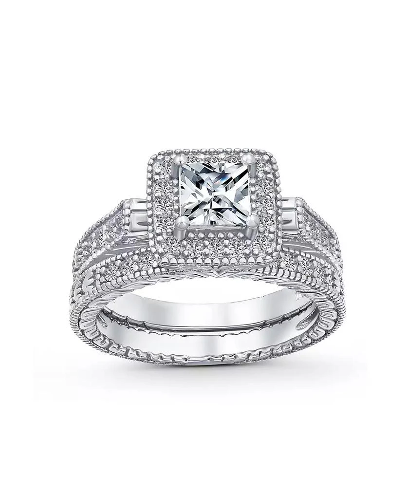 Bling Jewelry Art Deco Style Cubic Zirconia Halo CZ Square Princess Cut Solitaire Ring Set with Band Sterling Silver