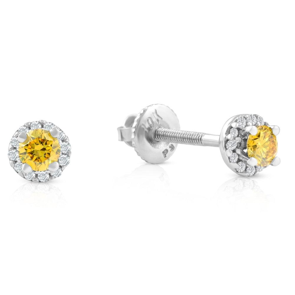 Pompeii3 1/4 Ct Halo Fancy Yellow Lab Grown Diamond Studs 10K White Gold