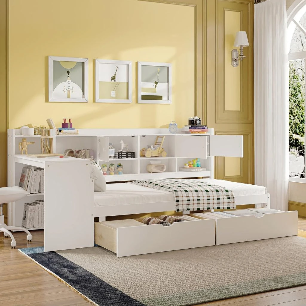 Streamdale Furniture Streamdale Wooden L-Shape Daybed with 7 Cabinets, 2 Drawers, Desk 
Bookshelf, White 2