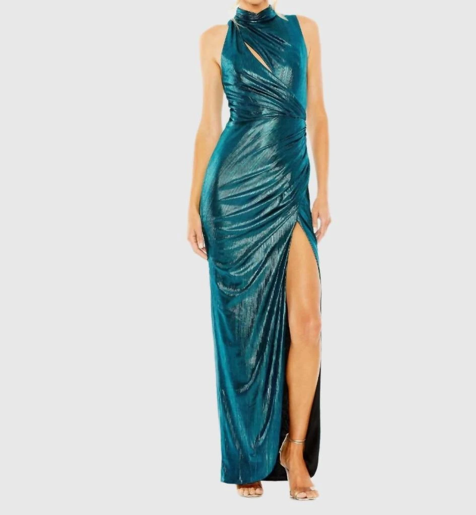 Ieena for Mac Duggal Sleeveless High Neck Cutout Gown In Peacock 1
