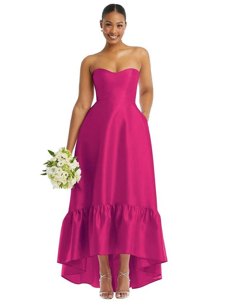 Alfred Sung Strapless Deep Ruffle Hem Satin High Low Dress with Pockets 1