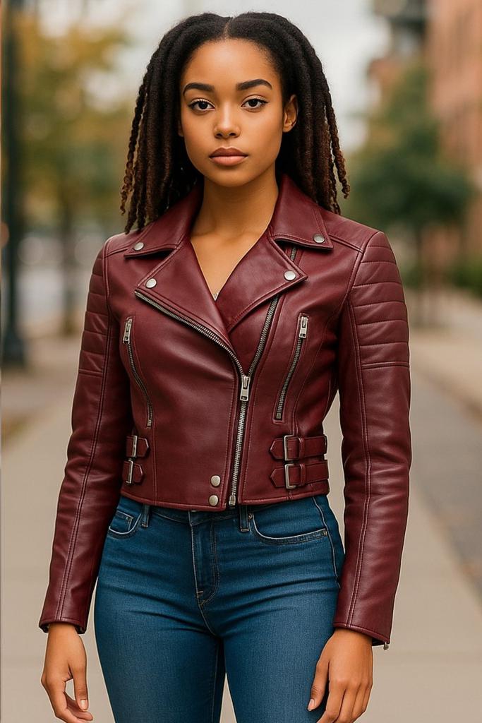 Womens Burgundy Cropped Brando Leather Biker Jacket-Durban – On Womens Burgundy Cropped Brando Leather Biker Jacket-Durban – On