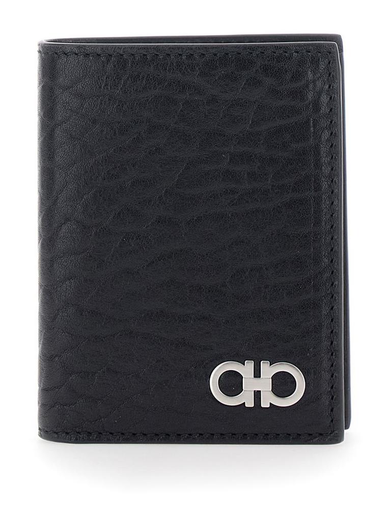 Salvatore Ferragamo Black Bi-Fold Wallet With Gancini Plaque On The Front In Leather Man