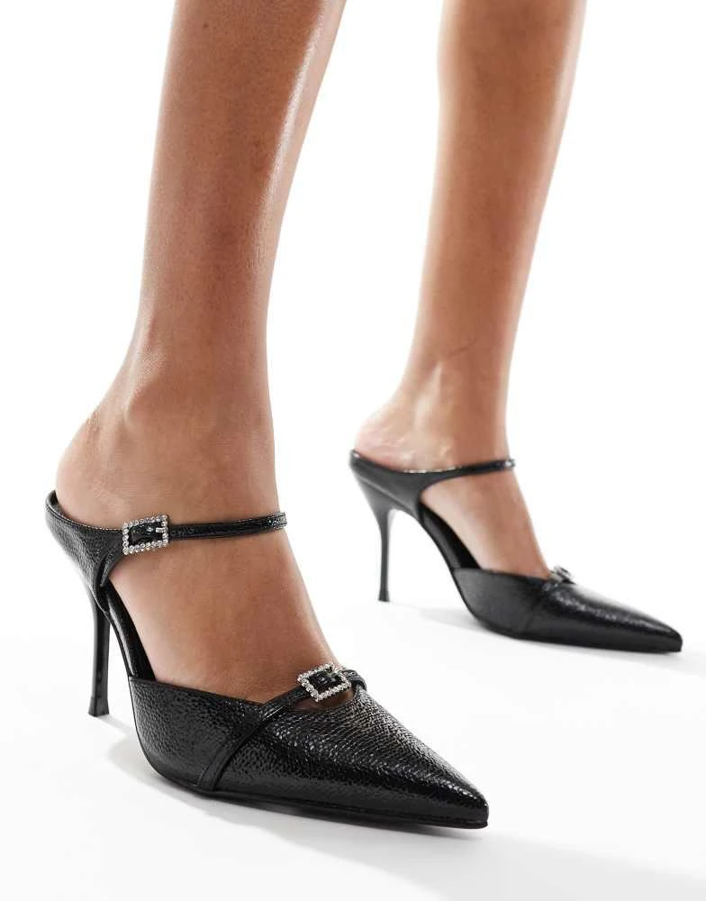 SIMMI Shoes Simmi London Gretta pointed heeled mules with embellished buckles in black sparkle 3