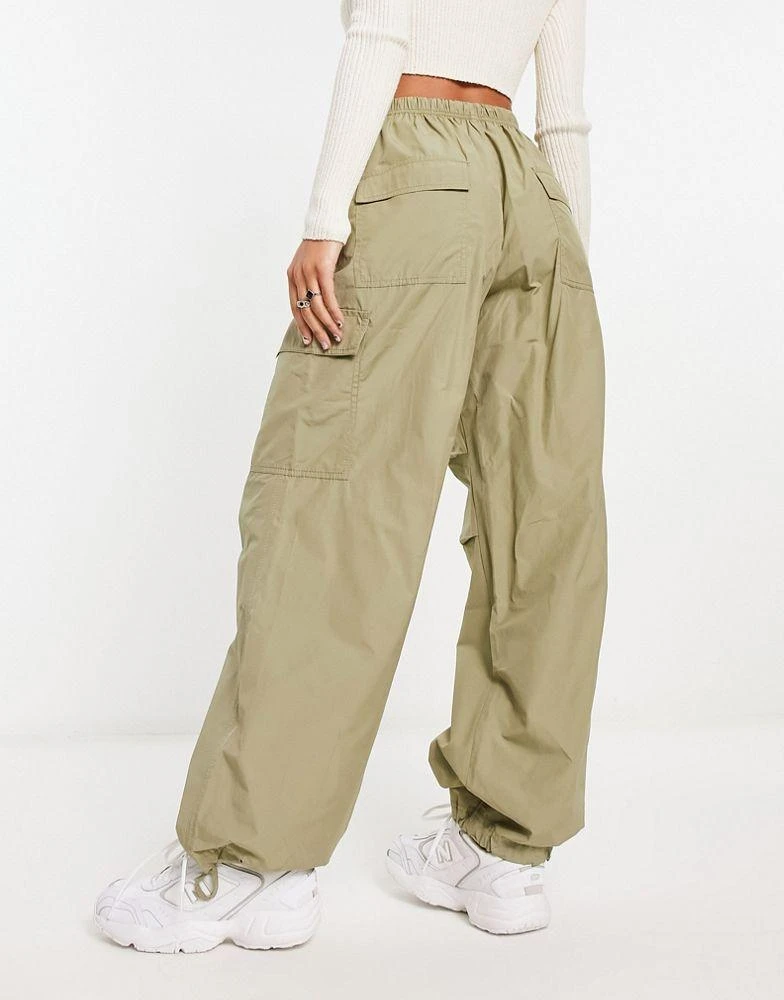 Bershka Bershka tie waist nylon cargo parachute trousers in khaki 2