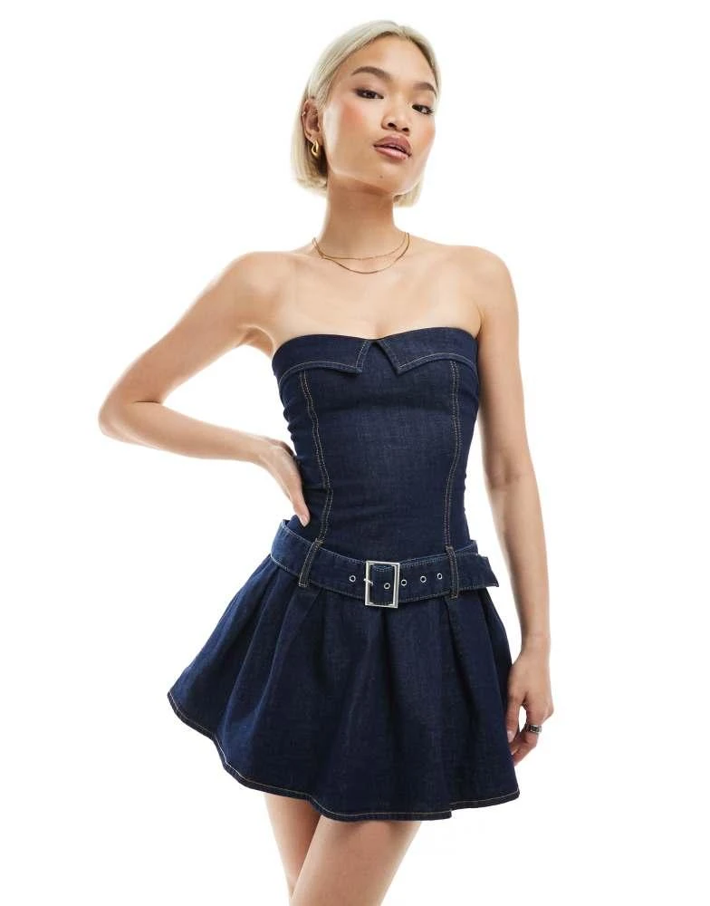Bershka Bershka bandeau belted denim mini dress in dark wash blue 1