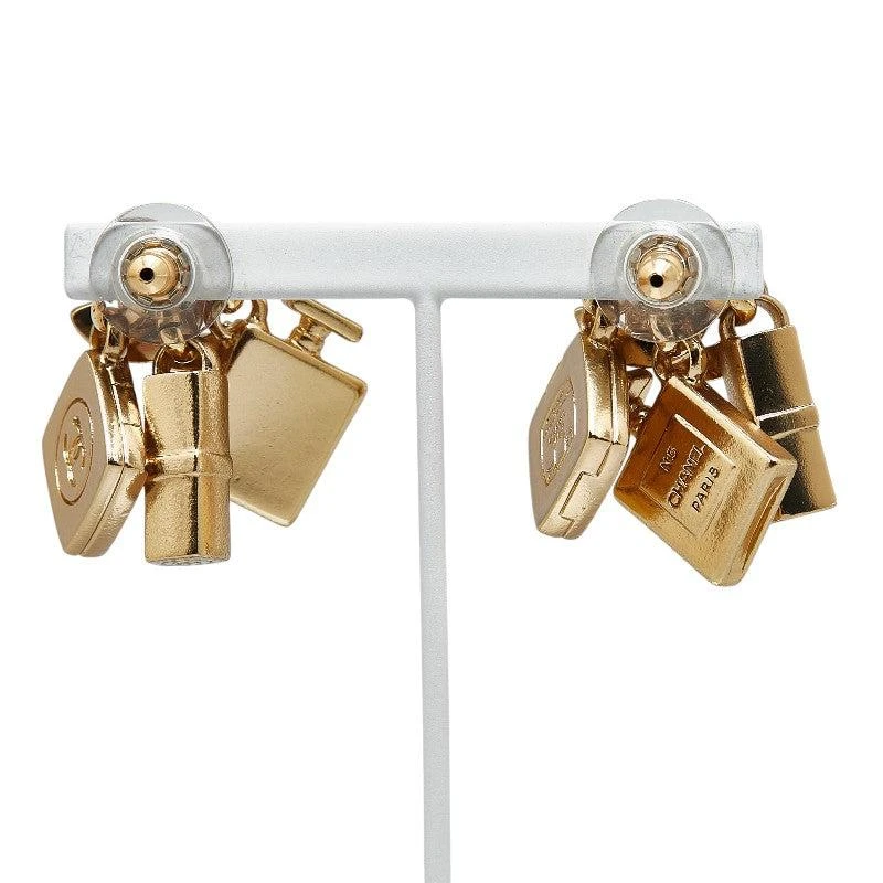 Chanel Coco Mark Perfume Lip Foundation Swing Cosmetic Motif Earrings Gold Plated 3