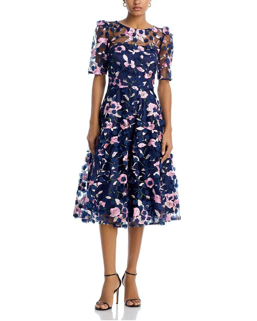 Eliza J Three Quarter Sleeve Illusion Yoke Dress - Navy Multi - 6 Eliza J Three Quarter Sleeve Illusion Yoke Dress - Navy Multi - 6