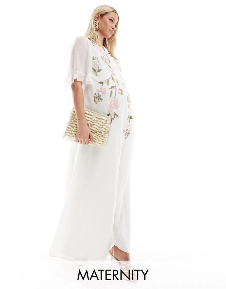 Hope & Ivy Maternity Hope & Ivy Maternity embroidered wrap maxi dress in ivory 1