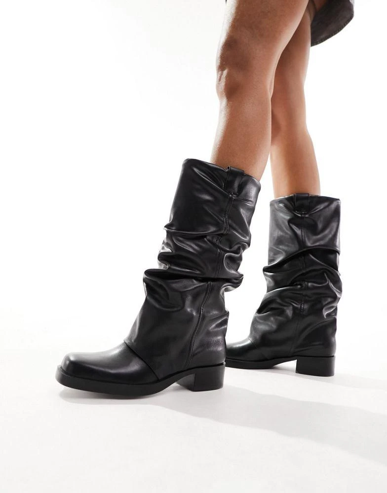 Stradivarius Stradivarius square toe slouch boot in black 4