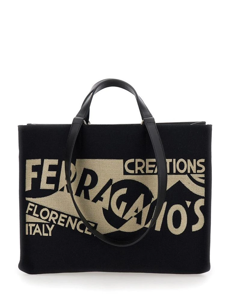 Salvatore Ferragamo Black Tote Bag With Lucio Venna Logo Print In Fabric 1